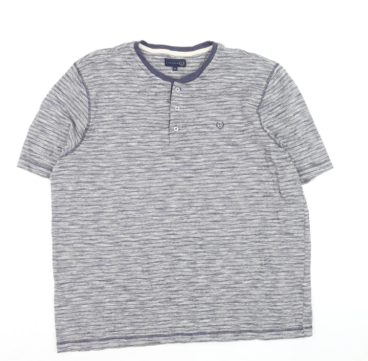 Lincoln Mens Blue Striped Henley Short Sleeve Cotton Shirt XL