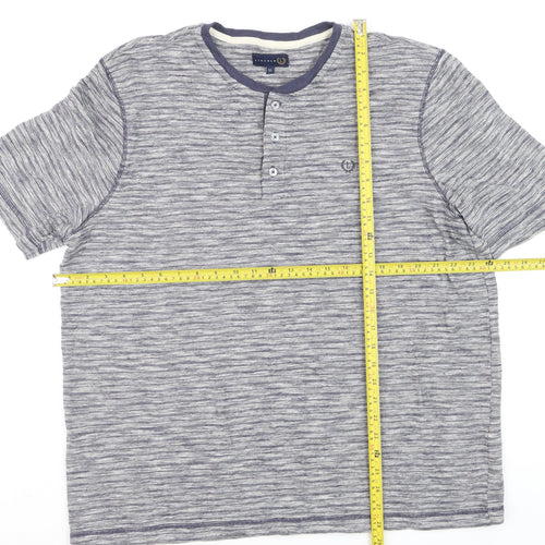 Lincoln Mens Blue Striped Henley Short Sleeve Cotton Shirt XL