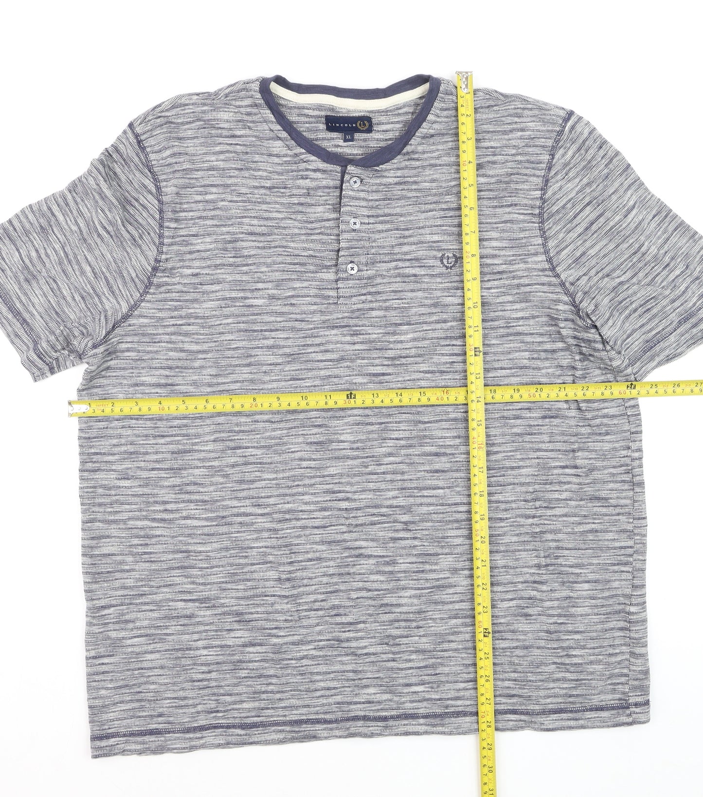 Lincoln Mens Blue Striped Henley Short Sleeve Cotton Shirt XL