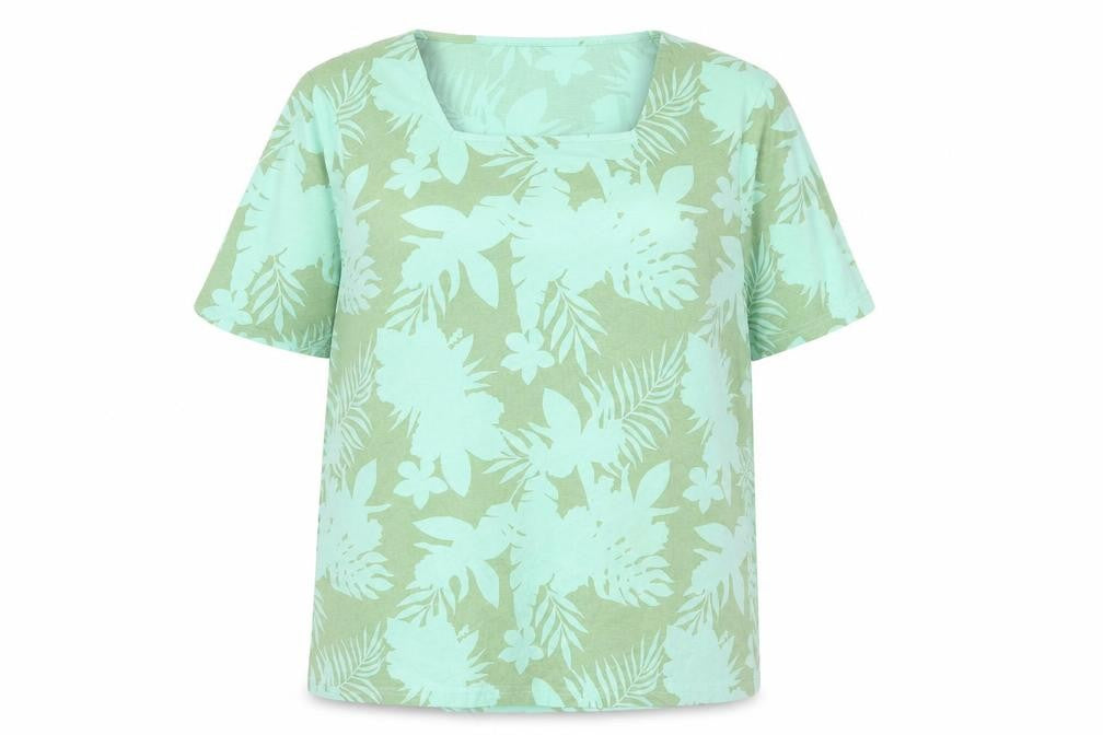 Damart Women's Green Floral Tropical Short Sleeve Cotton T-Shirt Size 18/20