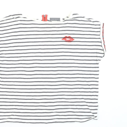 Mint Velvet Women's White Striped T-Shirt L Lips Print Zip Back