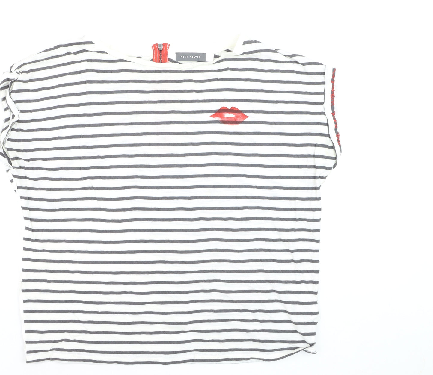 Mint Velvet Women's White Striped T-Shirt L Lips Print Zip Back