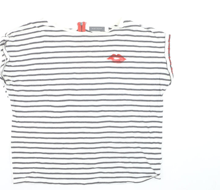 Mint Velvet Women's White Striped T-Shirt L Lips Print Zip Back