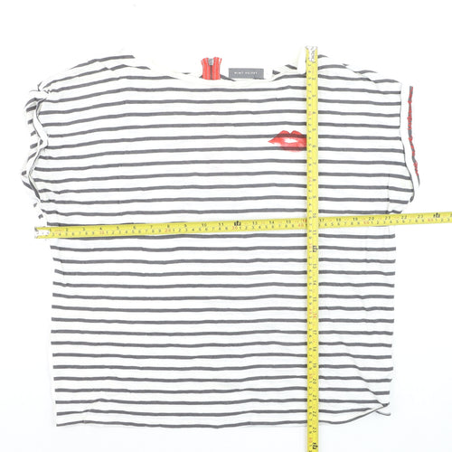 Mint Velvet Women's White Striped T-Shirt L Lips Print Zip Back
