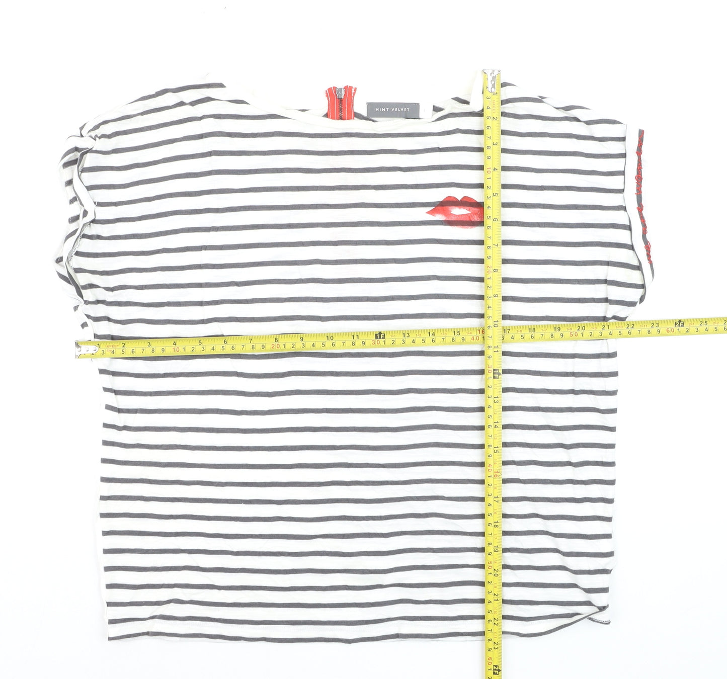 Mint Velvet Women's White Striped T-Shirt L Lips Print Zip Back