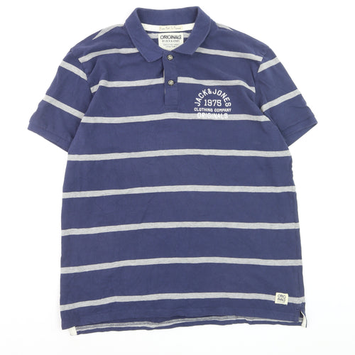Jack & Jones Men's Blue Striped 2XL Polo Shirt Regular Fit