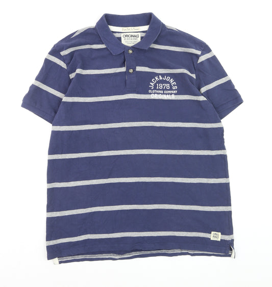 Jack & Jones Men's Blue Striped 2XL Polo Shirt Regular Fit