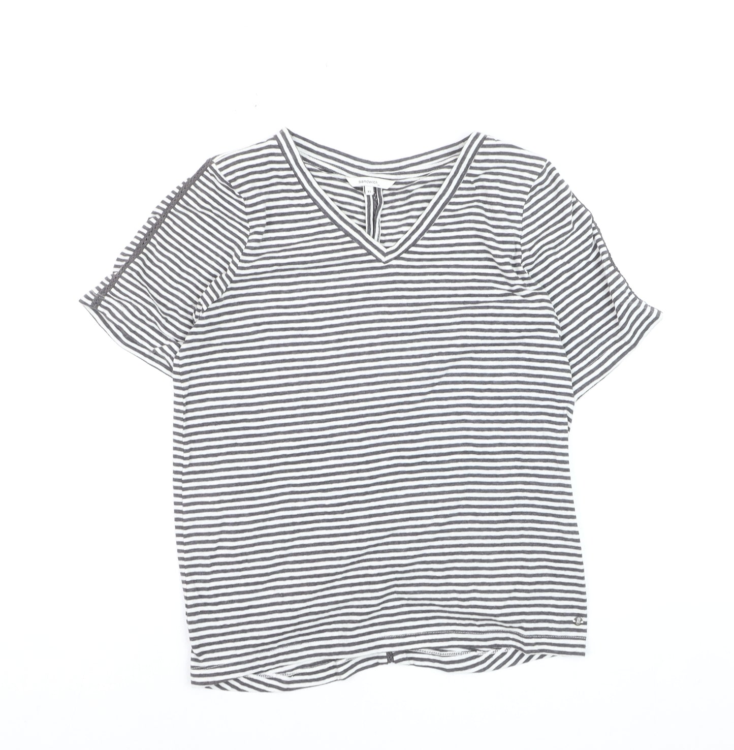 Sandwich Womens Grey Striped V-Neck Cotton T-Shirt XS