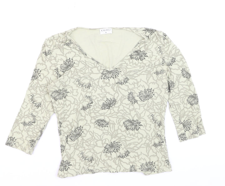 Kaliko Women’s Beige Floral V-Neck 3/4 Sleeve Stretch Tunic Blouse Size 10
