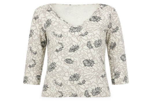 Front view of Kaliko Women’s Beige Floral V-Neck 3/4 Sleeve Stretch Tunic Blouse, size UK 10