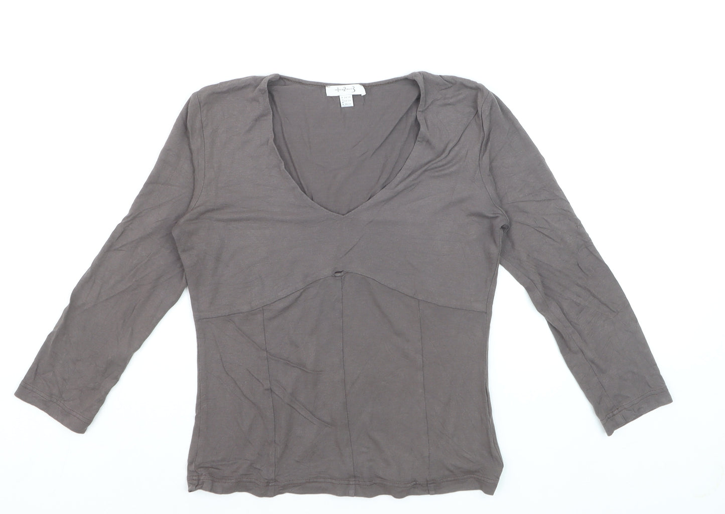 un deux trois Women’s Brown V-Neck 3/4 Sleeve Cotton T-Shirt Size 6
