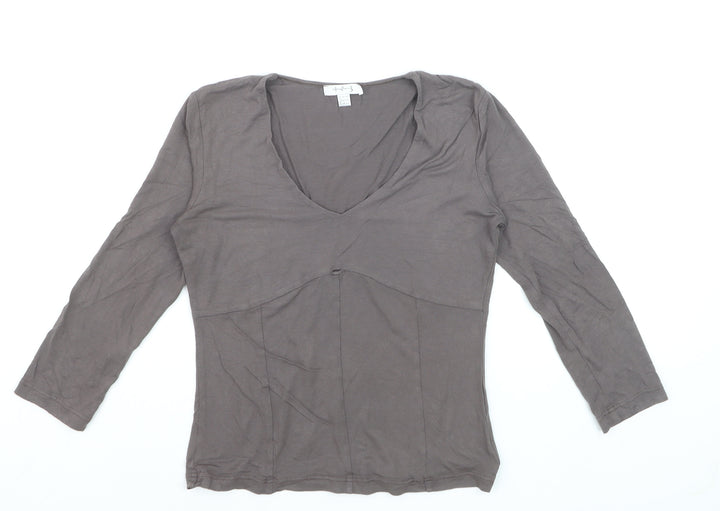 un deux trois Women’s Brown V-Neck 3/4 Sleeve Cotton T-Shirt Size 6