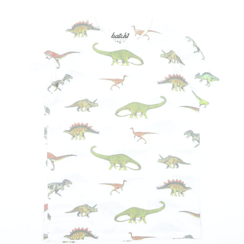 Batch1 Men's White Dinosaur Print Short Sleeve T-Shirt M Regular Fit
