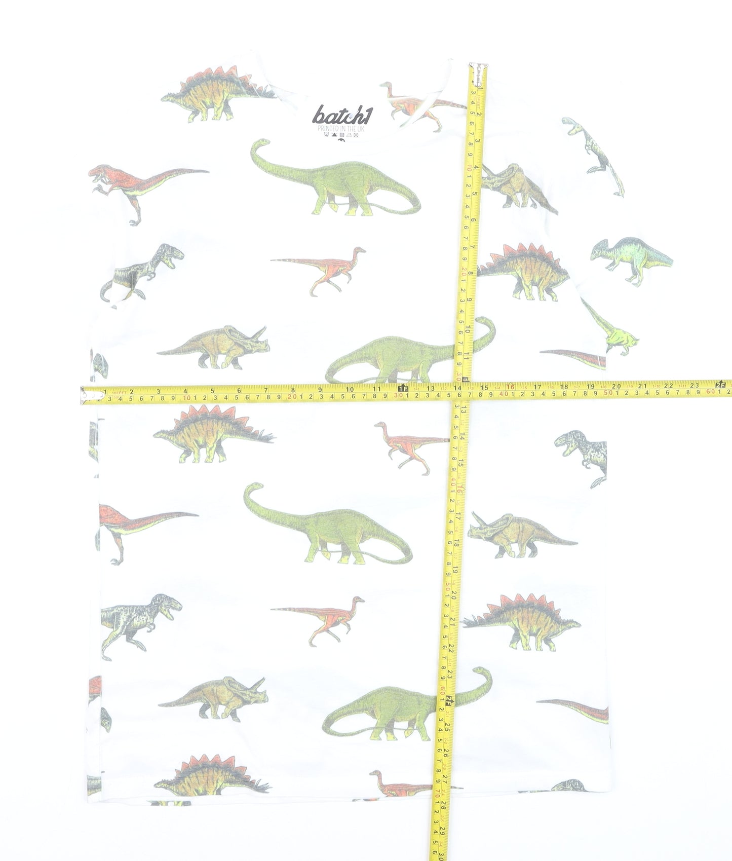 Batch1 Men's White Dinosaur Print Short Sleeve T-Shirt M Regular Fit