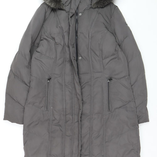 Calvin Klein Women's Grey Long Puffer Coat Faux Fur Hood Size L