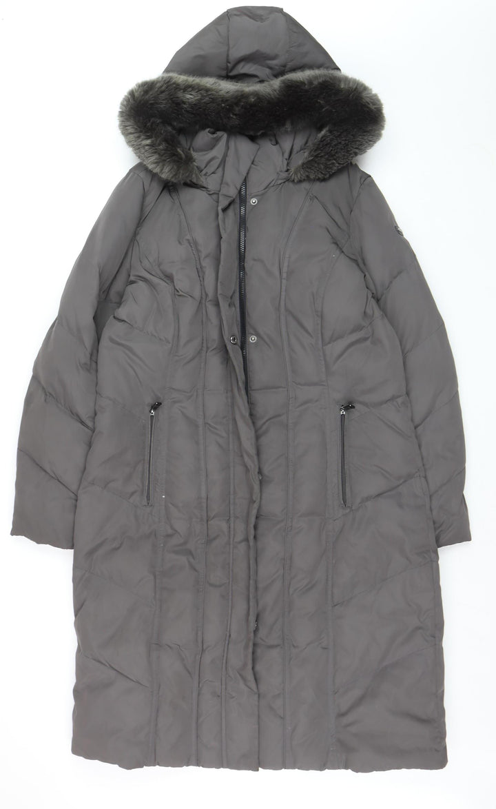 Calvin Klein Women's Grey Long Puffer Coat Faux Fur Hood Size L