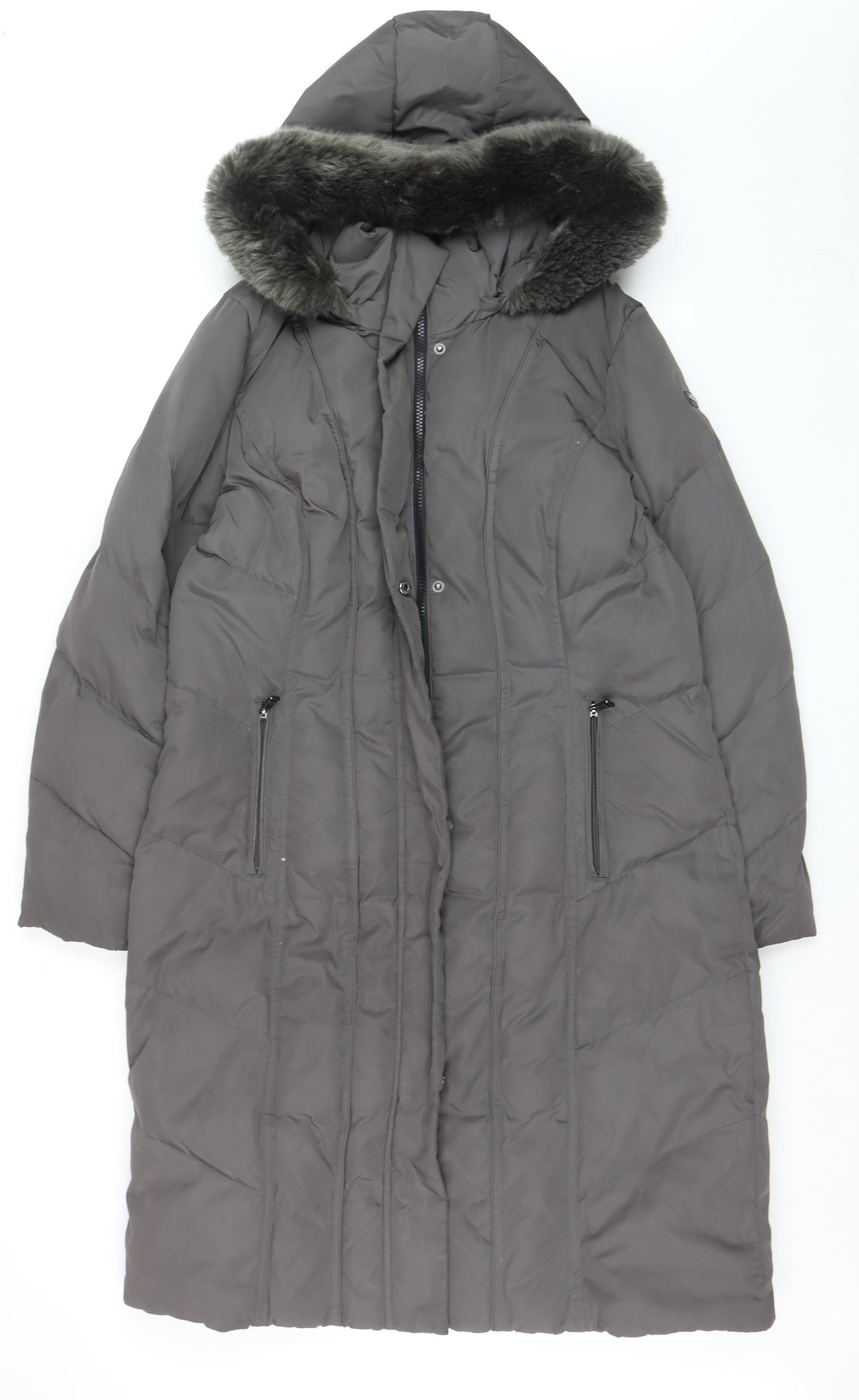 Calvin Klein Women's Grey Long Puffer Coat Faux Fur Hood Size L