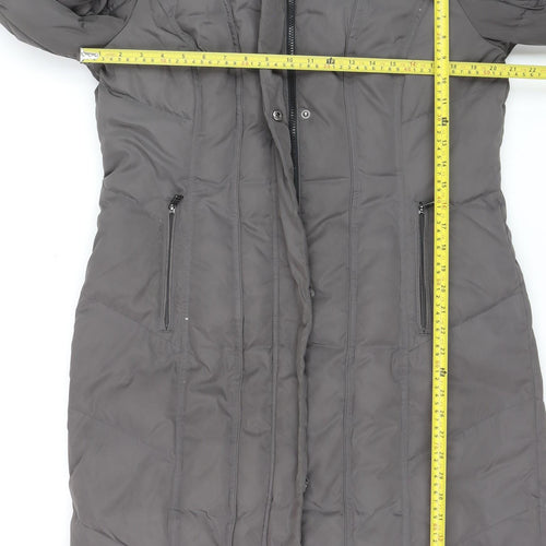Calvin Klein Women's Grey Long Puffer Coat Faux Fur Hood Size L