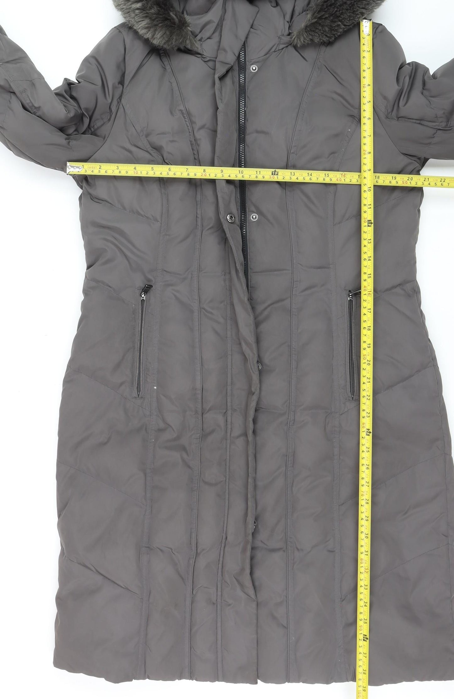 Calvin Klein Women's Grey Long Puffer Coat Faux Fur Hood Size L