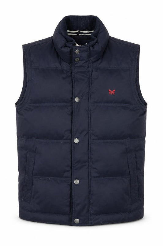 Front view of Crew Clothing Men's Blue Puffer Waistcoat, size M