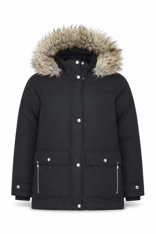 Front view of Topshop unisex black m padded faux fur hooded parka jacket