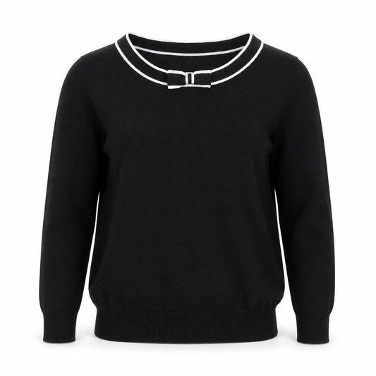 Front view of Hobbs Women’s Black Knit Bow Trim Crew Neck Jumper, size UK 8