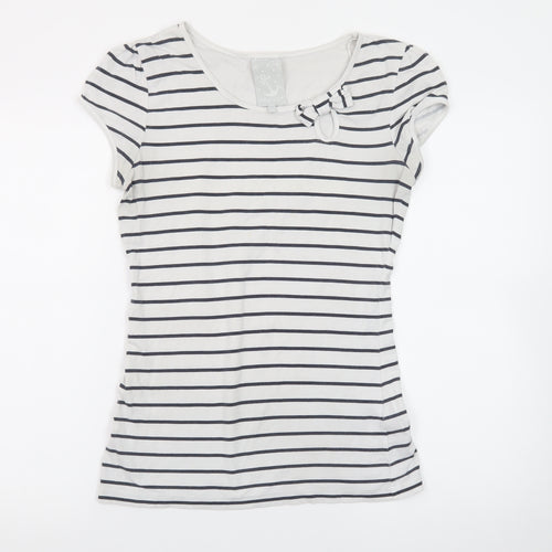 Next Women’s White Navy Stripe Bow T-Shirt UK 12 Short Sleeve