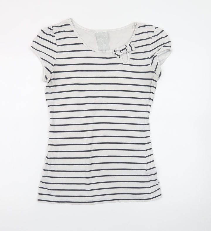 Next Women’s White Navy Stripe Bow T-Shirt UK 12 Short Sleeve