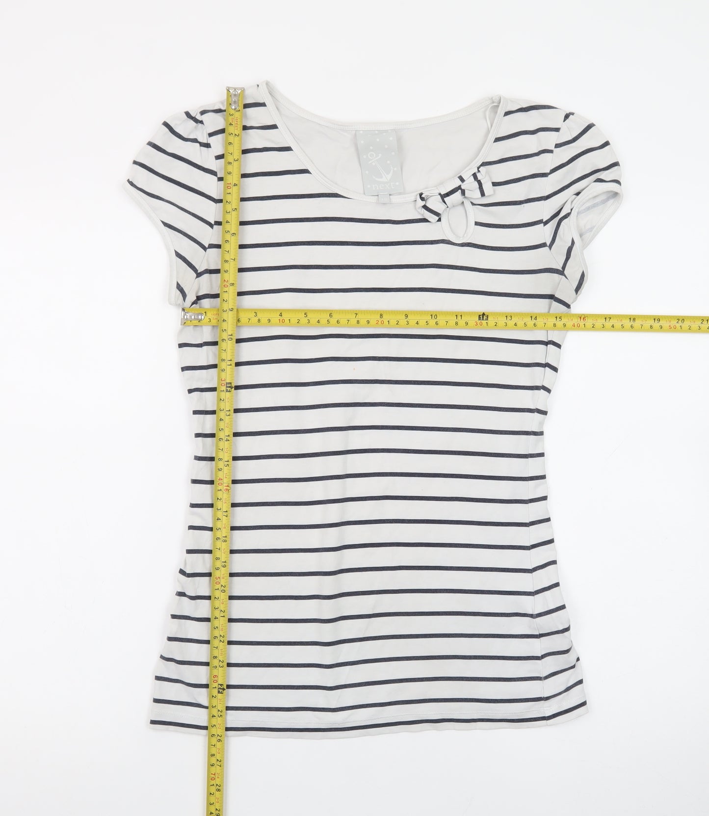 Next Women’s White Navy Stripe Bow T-Shirt UK 12 Short Sleeve