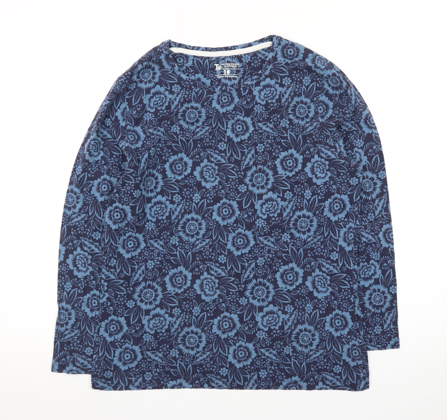 Tu Womens Blue Floral Long Sleeve Cotton T-Shirt Size 18