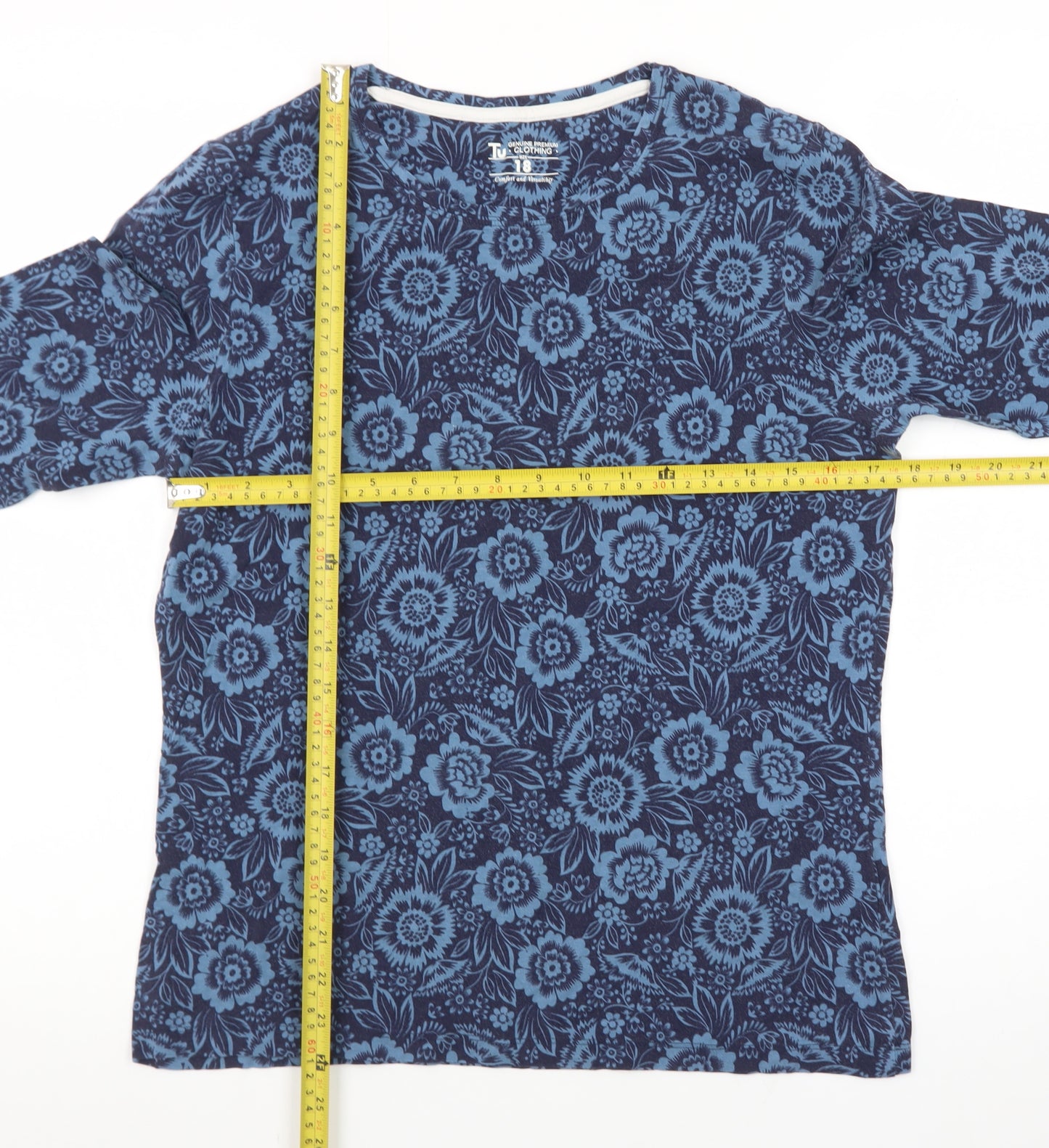 Tu Womens Blue Floral Long Sleeve Cotton T-Shirt Size 18