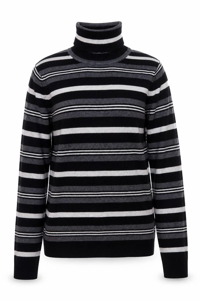 Front view of Primark Women Black Roll Neck Striped Knit Jumper, size M