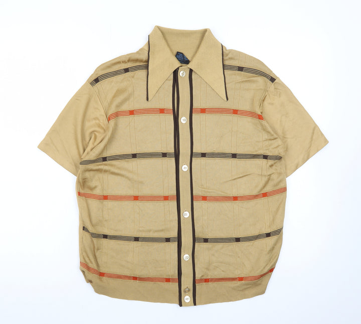 Campus Men's Beige Retro Check Collared Short Sleeve Polo M
