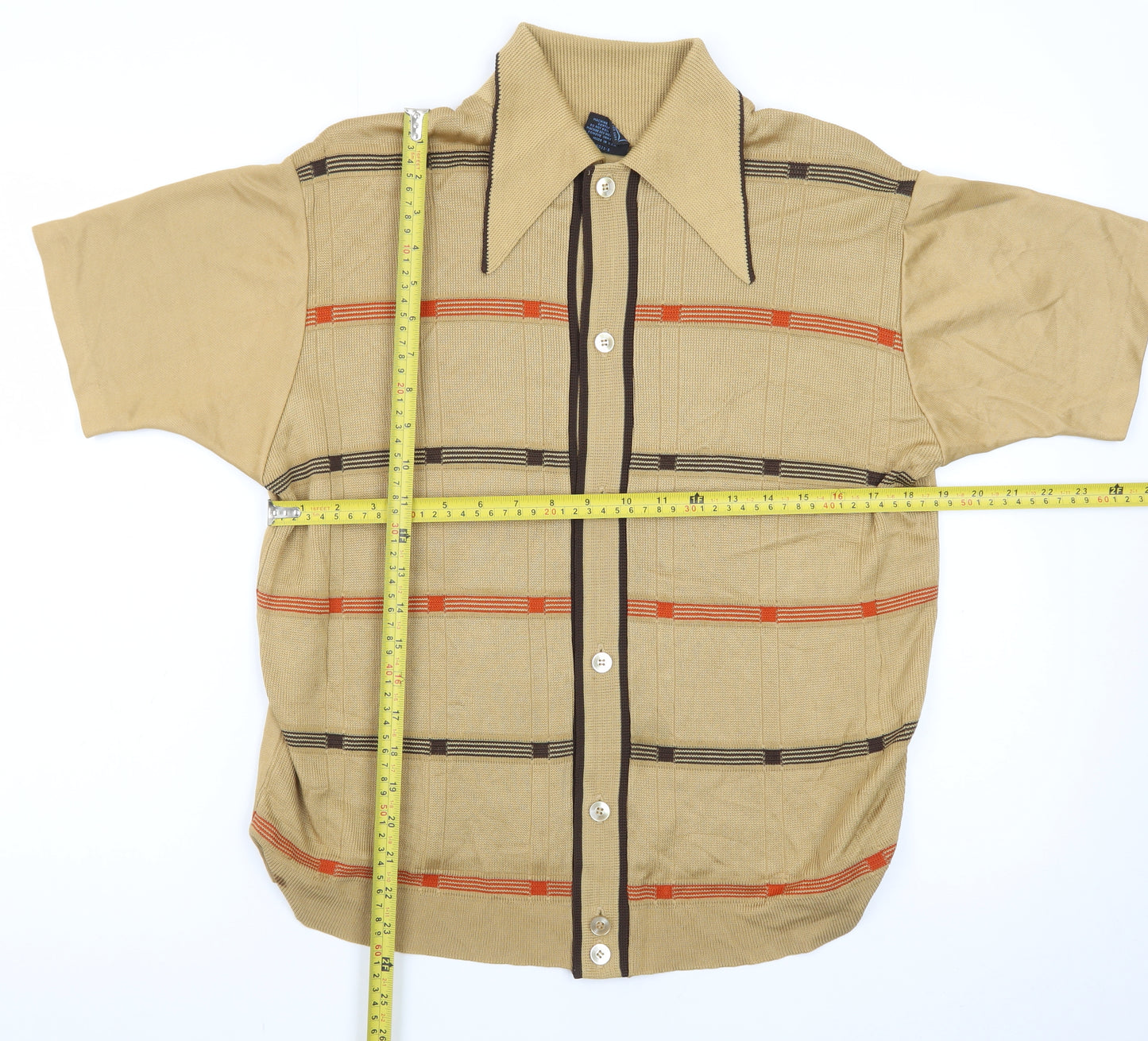 Campus Men's Beige Retro Check Collared Short Sleeve Polo M