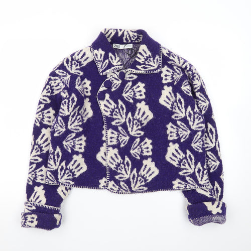 Zara Women Purple Floral Wool Blend Collared Cardigan M