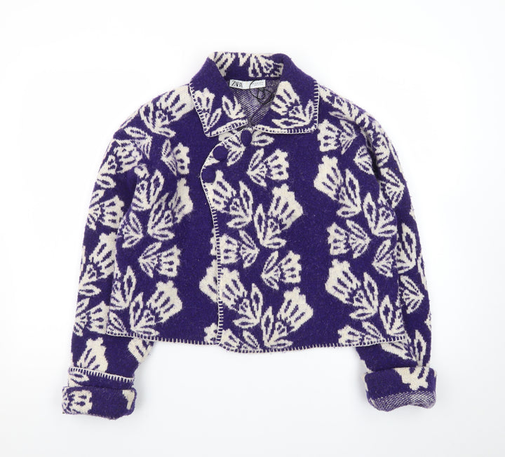 Zara Women Purple Floral Wool Blend Collared Cardigan M