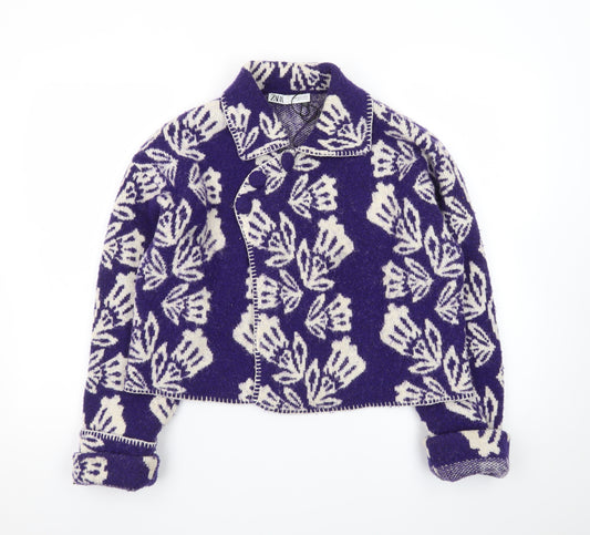 Zara Women Purple Floral Wool Blend Collared Cardigan M