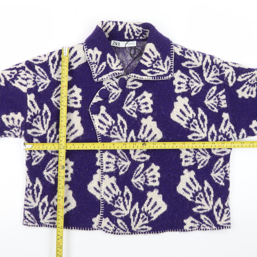 Zara Women Purple Floral Wool Blend Collared Cardigan M