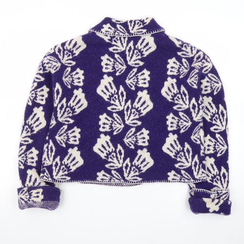 Zara Women Purple Floral Wool Blend Collared Cardigan M