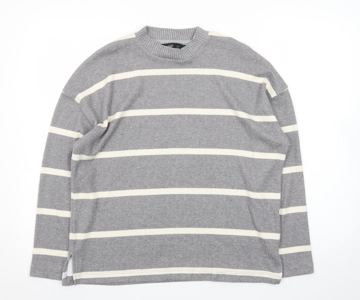 F&F Women’s Grey Striped Crew Neck Long Sleeve Pullover Jumper Size M