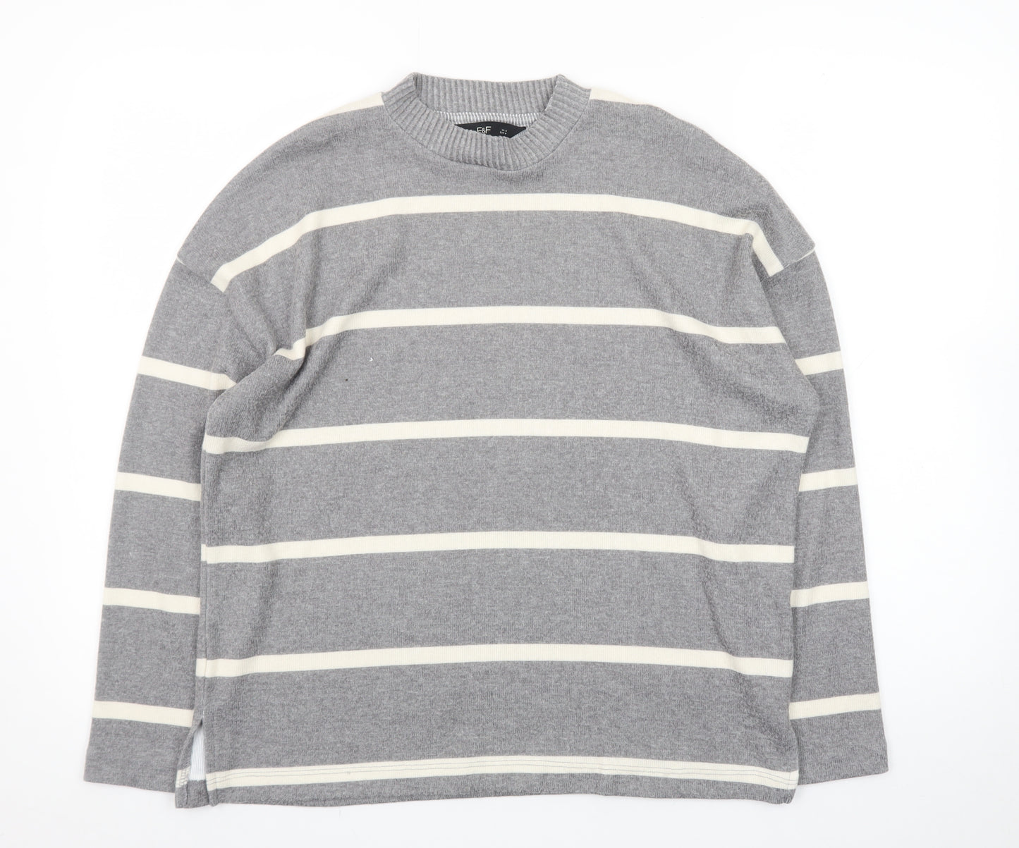 F&F Women’s Grey Striped Crew Neck Long Sleeve Pullover Jumper Size M
