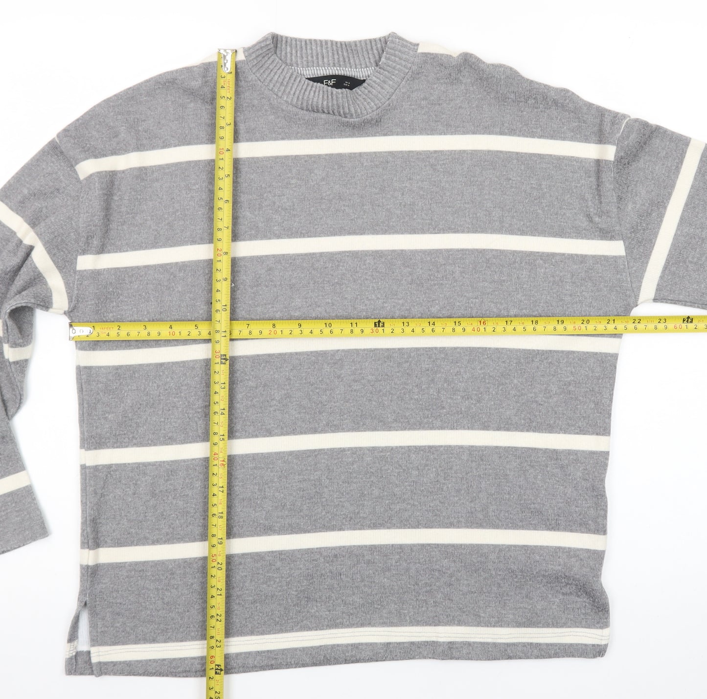 F&F Women’s Grey Striped Crew Neck Long Sleeve Pullover Jumper Size M