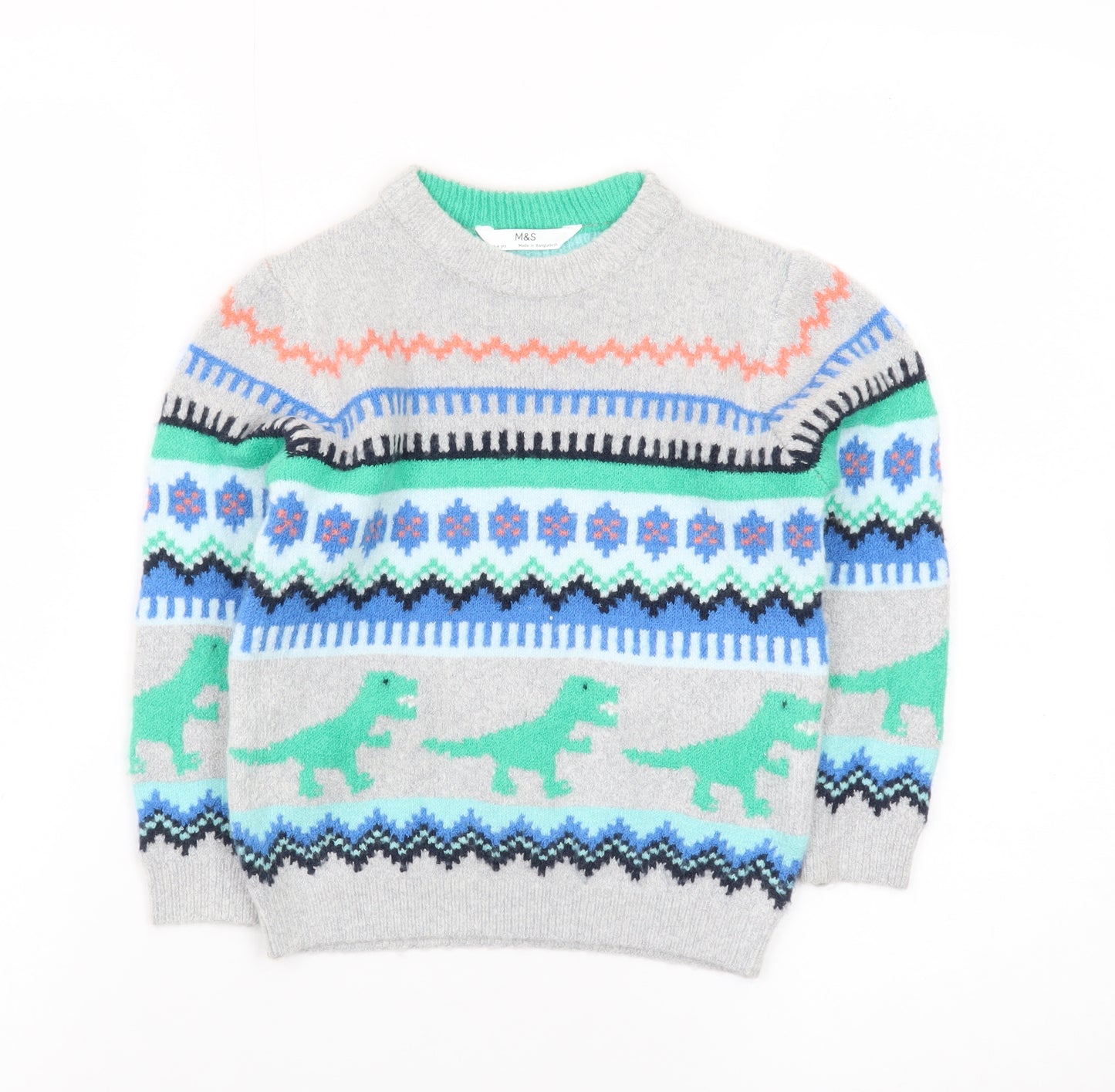 Marks and Spencer Boys Grey Dinosaur Fair Isle Jumper 3-4 Years