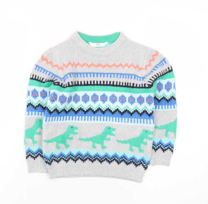 Marks and Spencer Boys Grey Dinosaur Fair Isle Jumper 3-4 Years