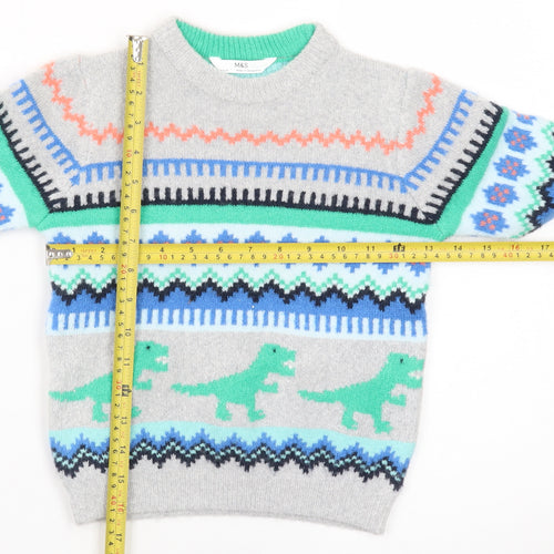 Marks and Spencer Boys Grey Dinosaur Fair Isle Jumper 3-4 Years