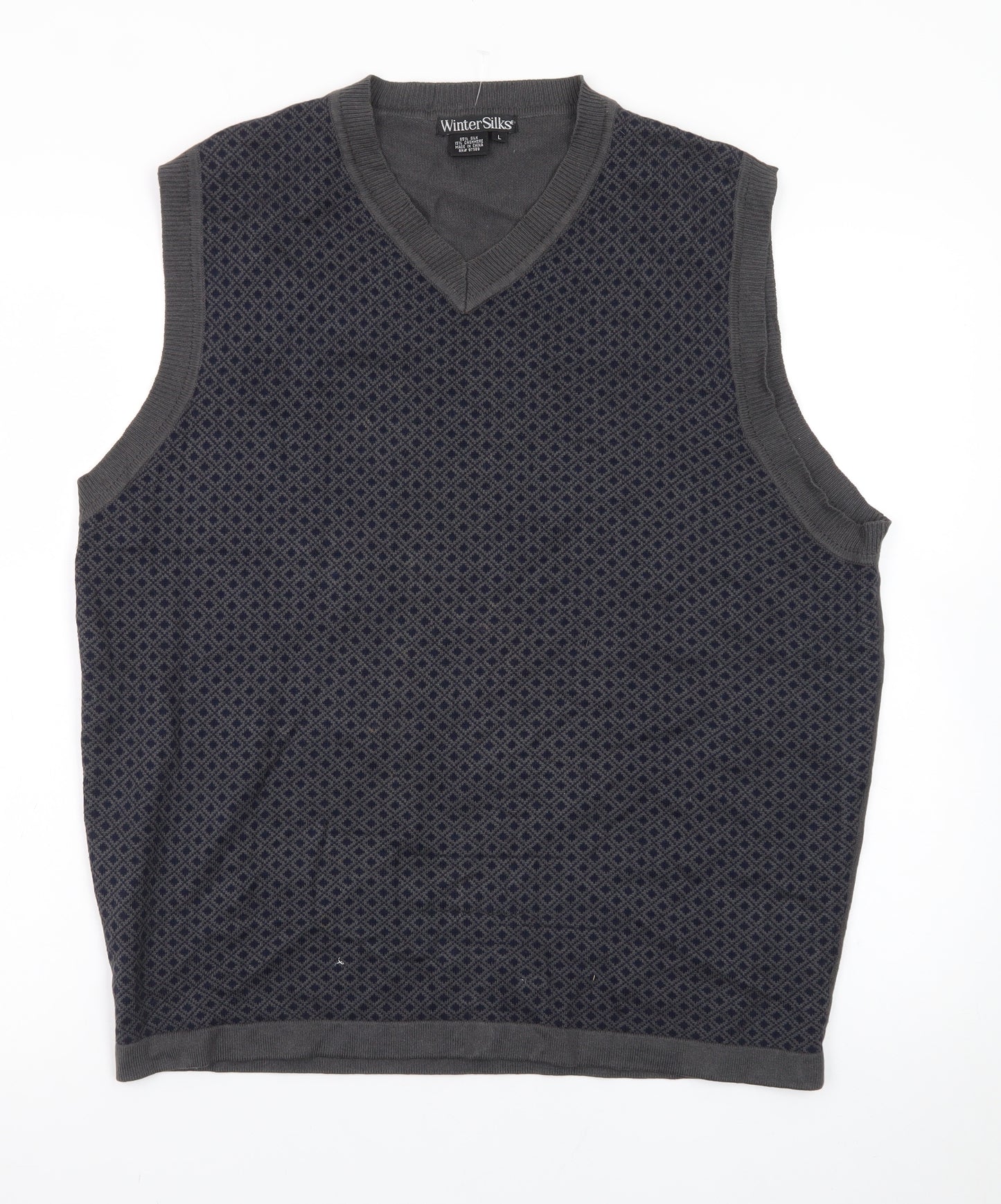 WinterSilks Men's Grey Silk Cashmere V-Neck Sleeveless Vest L