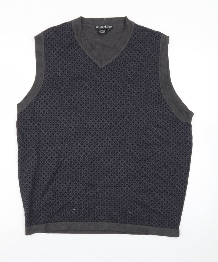 WinterSilks Men's Grey Silk Cashmere V-Neck Sleeveless Vest L