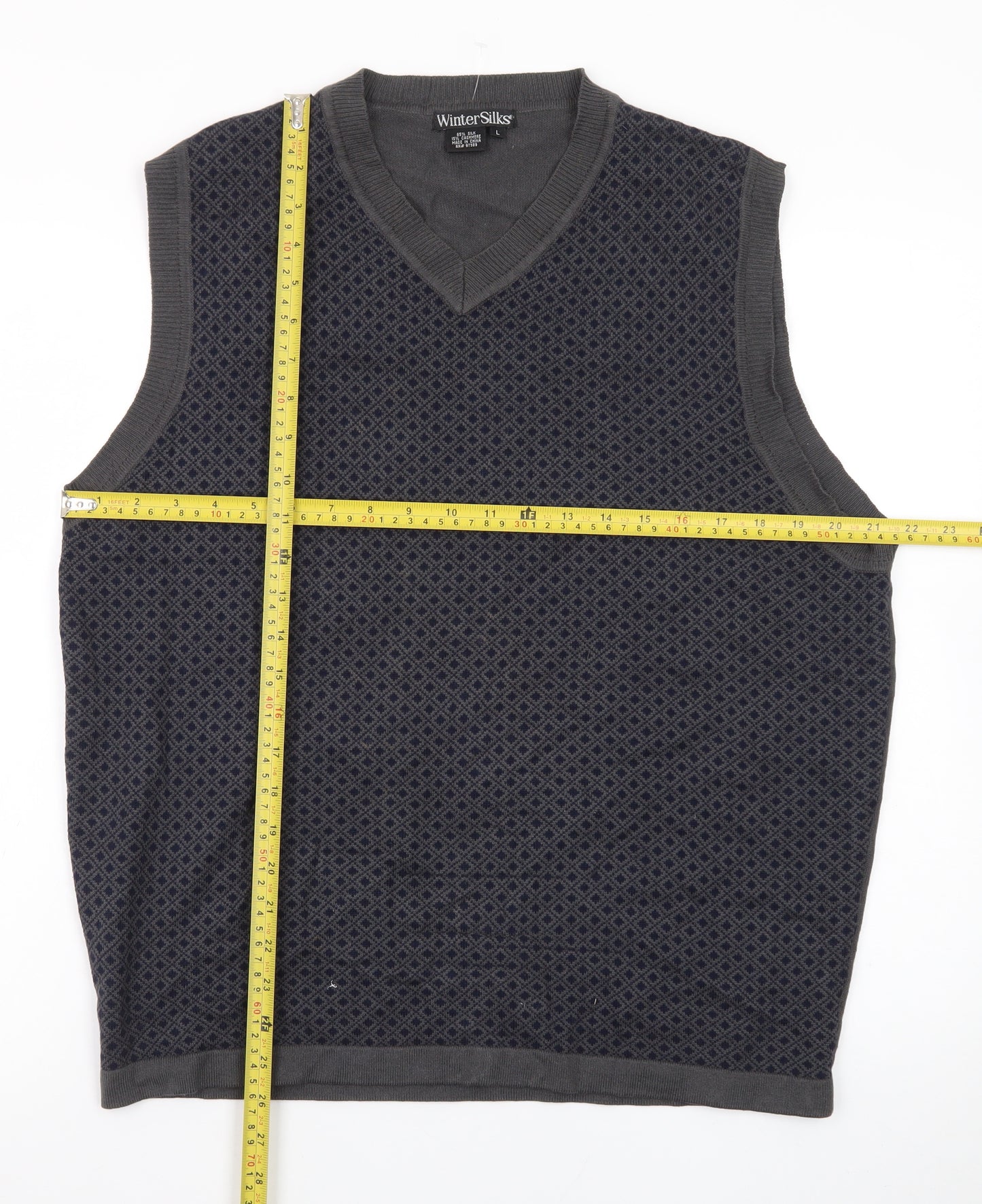 WinterSilks Men's Grey Silk Cashmere V-Neck Sleeveless Vest L