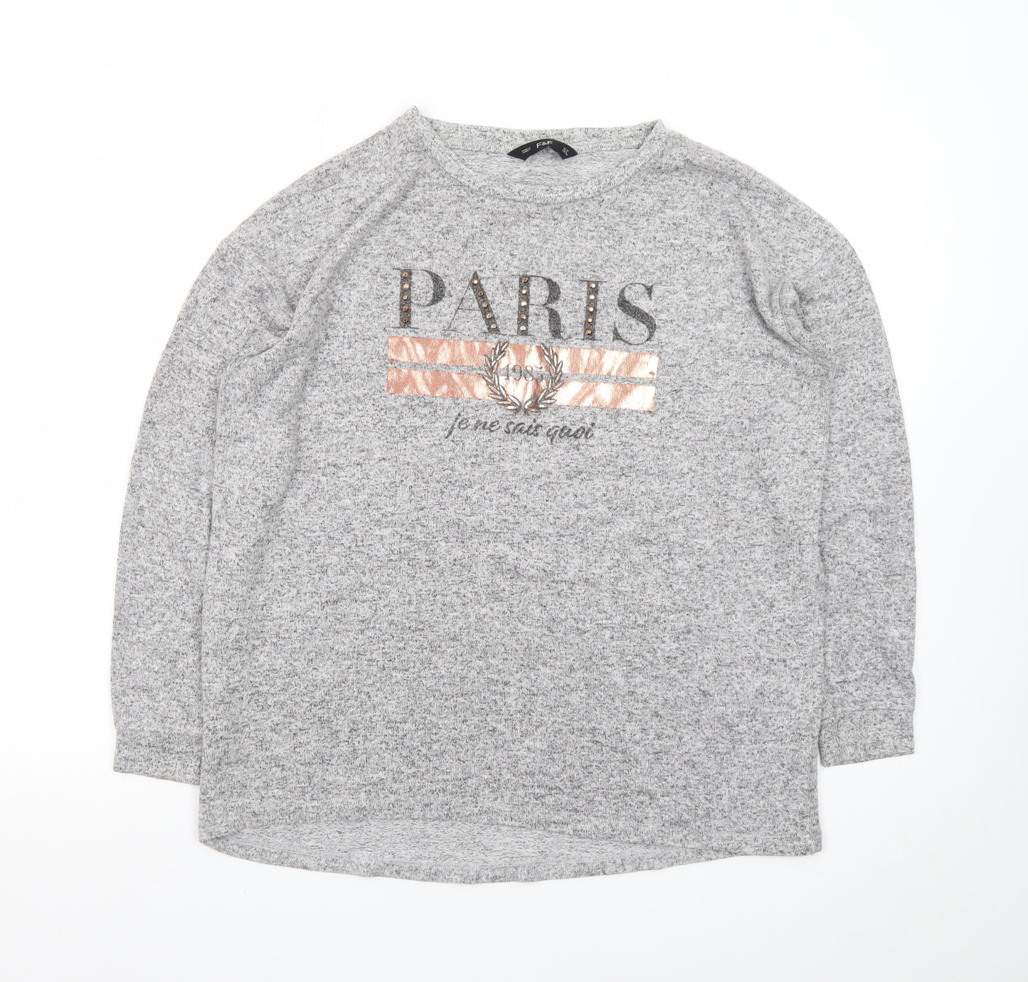 F&F Women’s Grey Long Sleeve Paris Studded T-Shirt Size 10