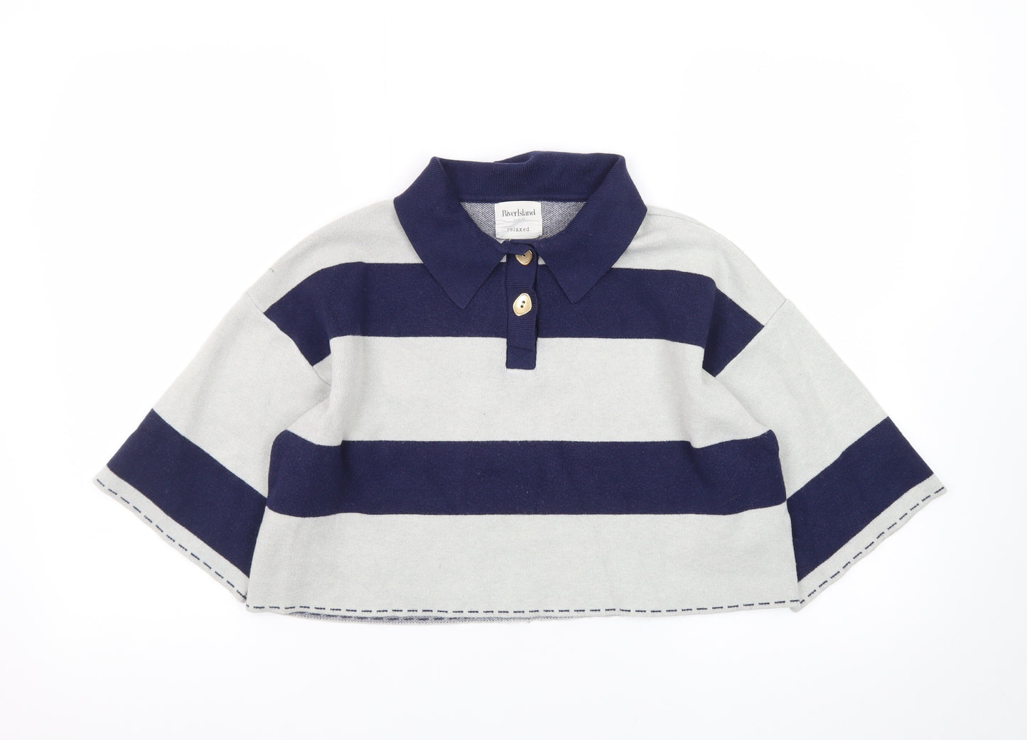 River Island Women Blue Striped Collared Relaxed Fit Jumper M